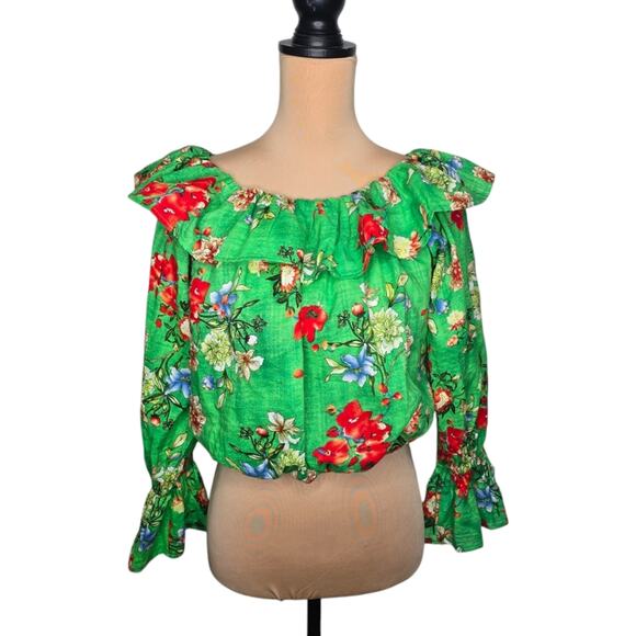 BUCKETLIST Hawaiian Floral‎ Ruffle Long Sleeve Crop Top - Picture 1 of 8